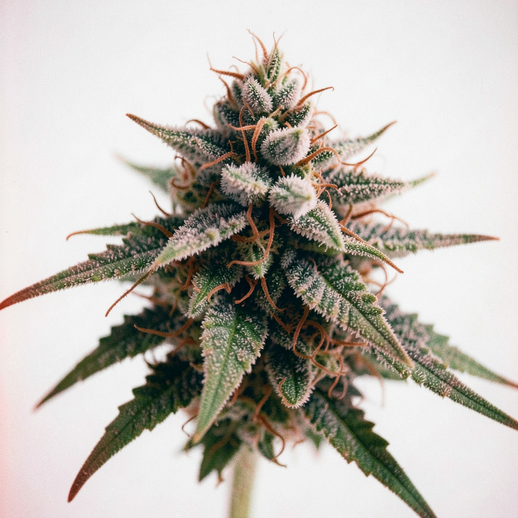 Frosty hybrid cannabis flower with heavy trichome coverage and rust-colored hairs, close-up on white background