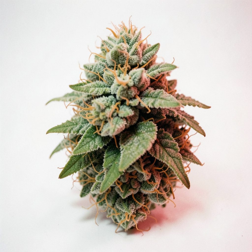 Dense hybrid cannabis bud with light green coloring and orange pistils, studio product shot on white