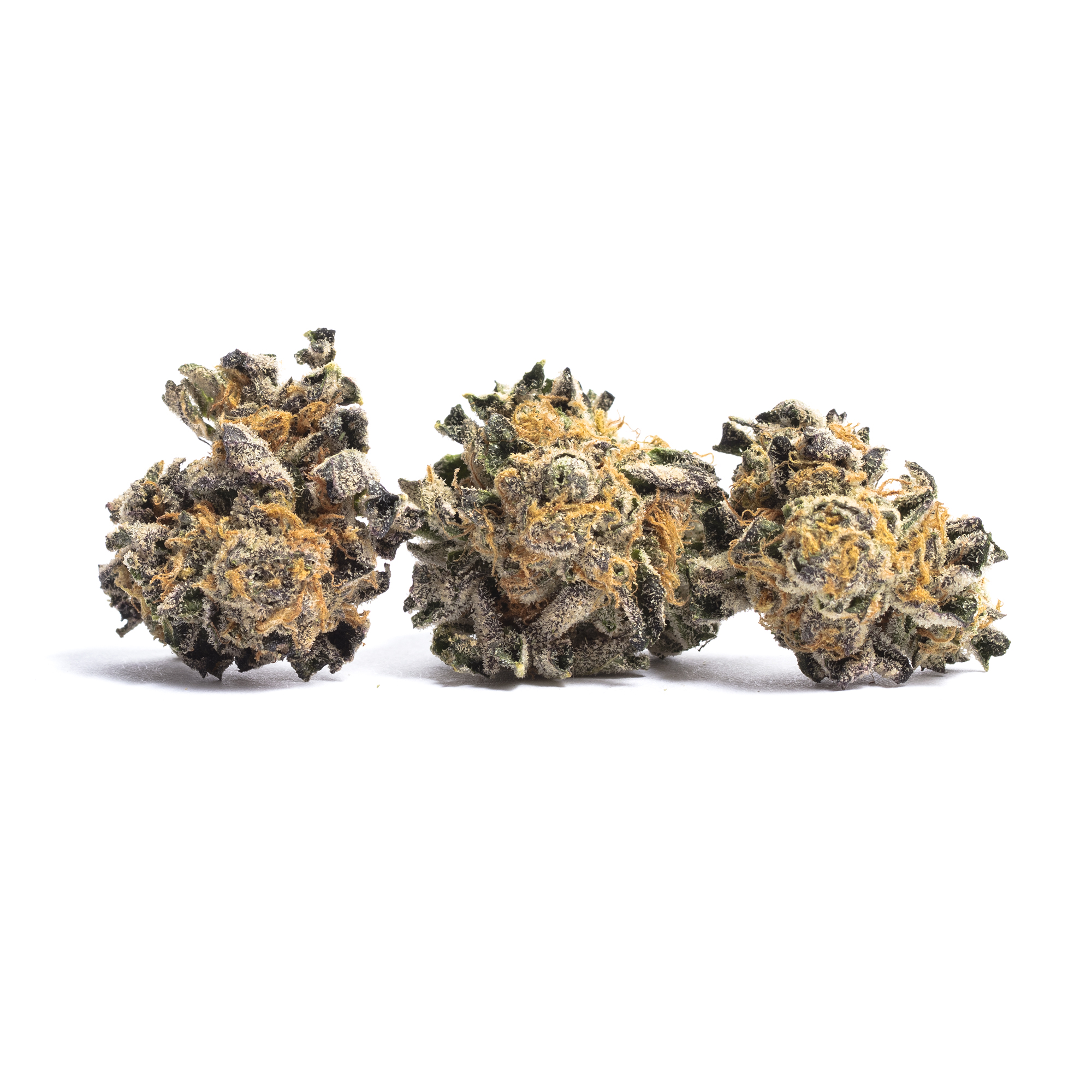 Three dense frosty cannabis flower buds with orange hairs against a plain white background